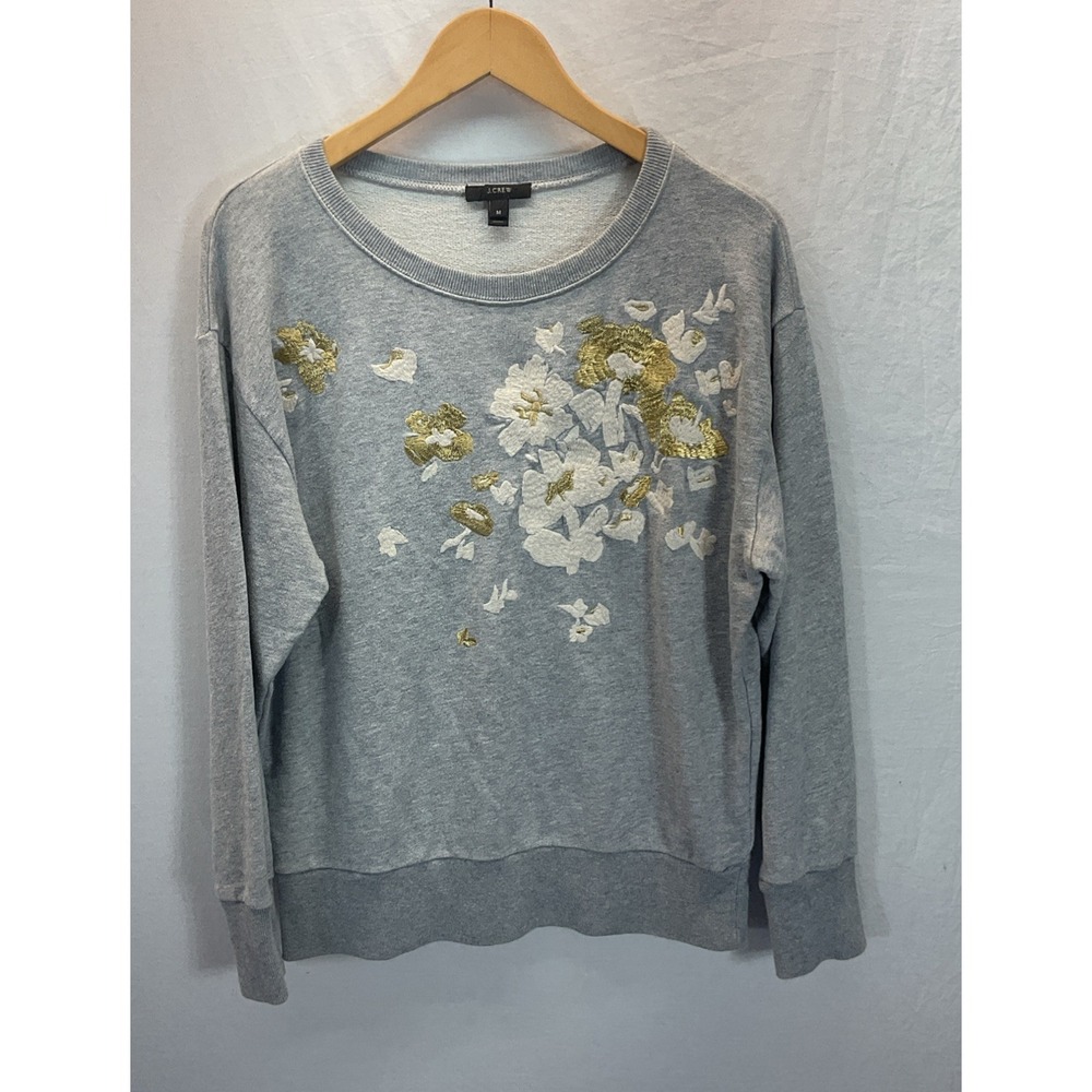 J. Crew Fleece Womens M Gray Embroidered Floral Gold Feminine Fall Casual